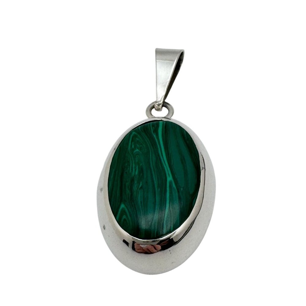 Taxco .925 Sterling Silver & Malachite Oval Pendant Vintage Gift